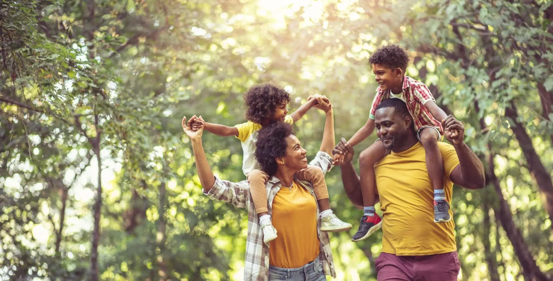 Parents marchant en nature avec leurs enfants sur les épaules
