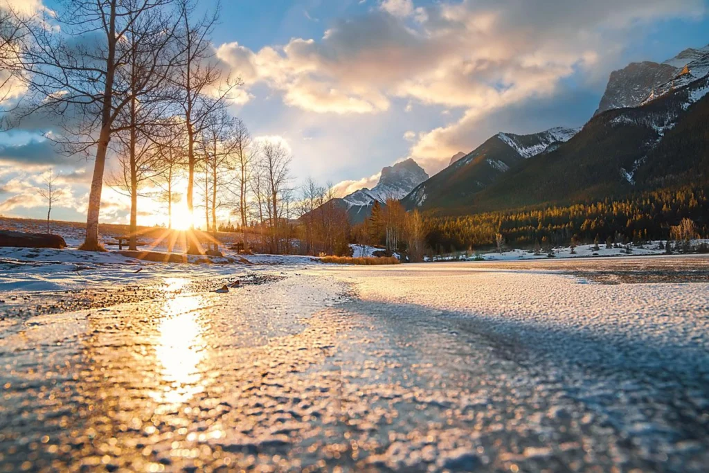 Winter in Alberta with mountain in the distance