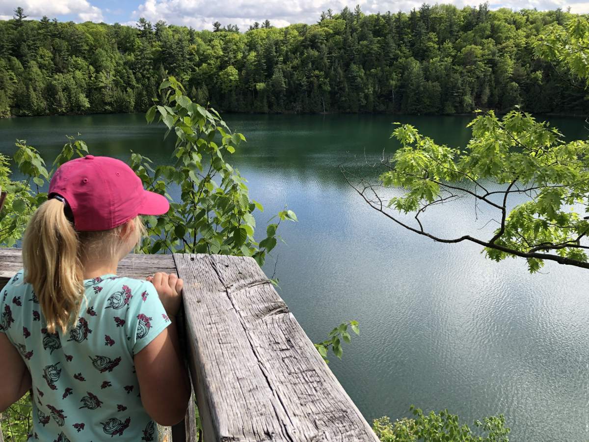 Jeune fille sur un belvédère en forêt, regardant une rivière au loin.