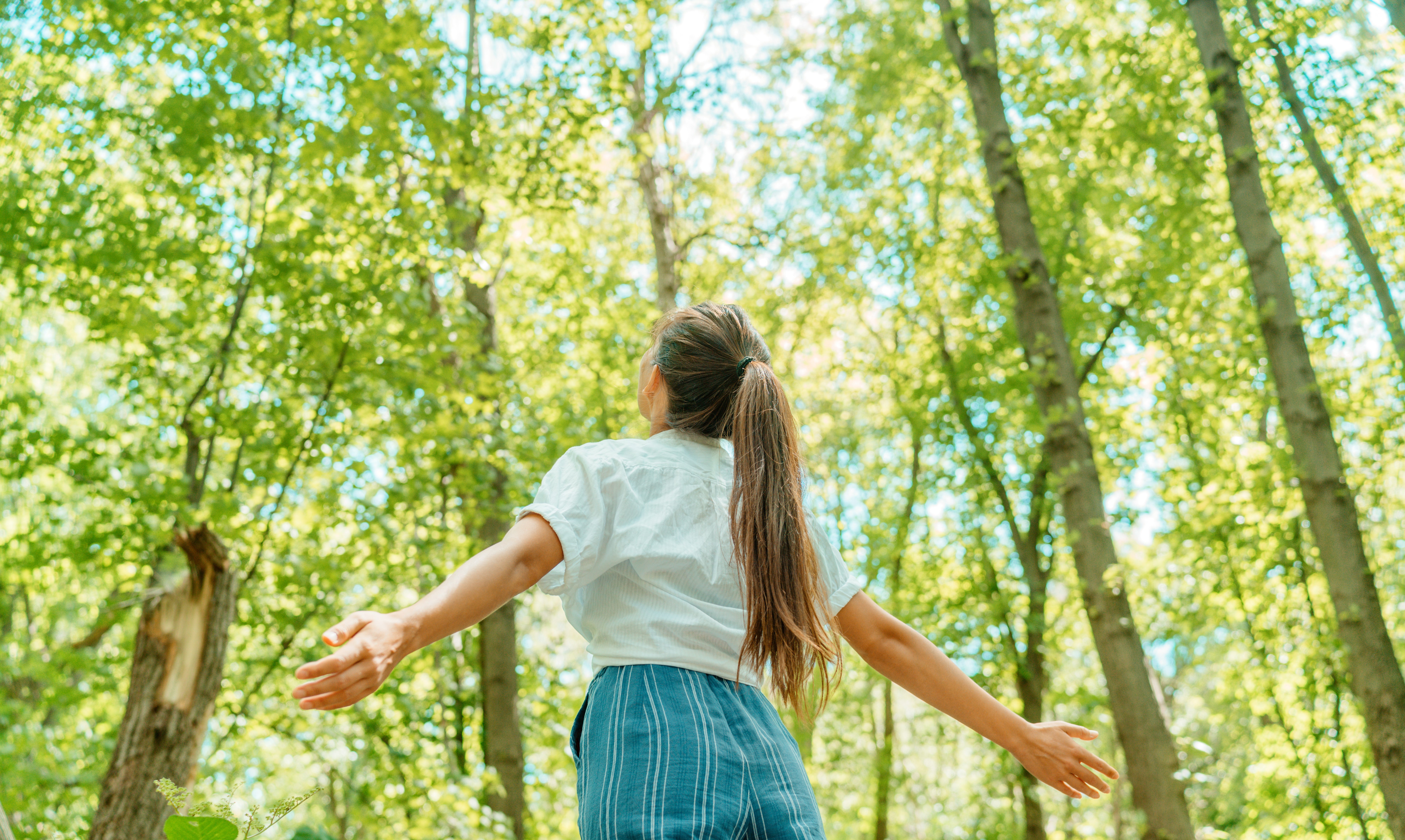 Femme respirant de l’air pur au cœur d’une forêt naturelle.